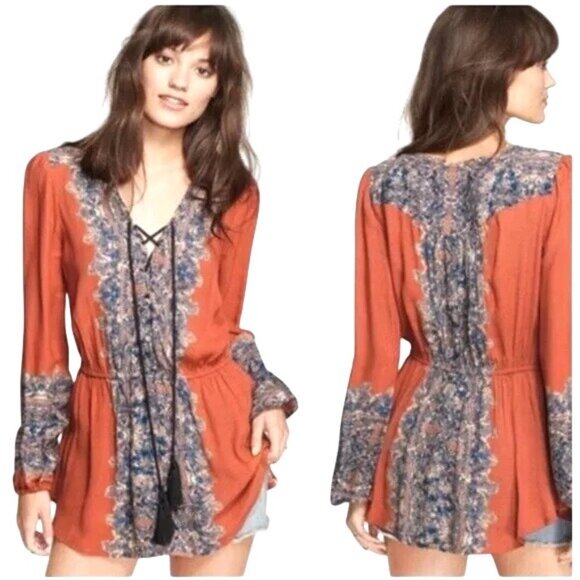 Free People Womens Wildest Moment Lace Up Tunic Persimmon Long Sleeve Boho Small - Picture 12 of 12